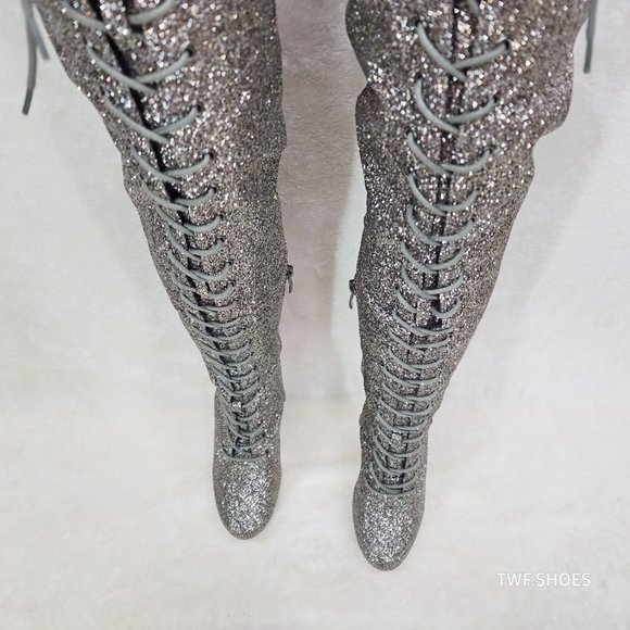 Bulls Silver Glitter Lace Up OTK Platform High Heel Thigh Boot - Picture 7 of 17